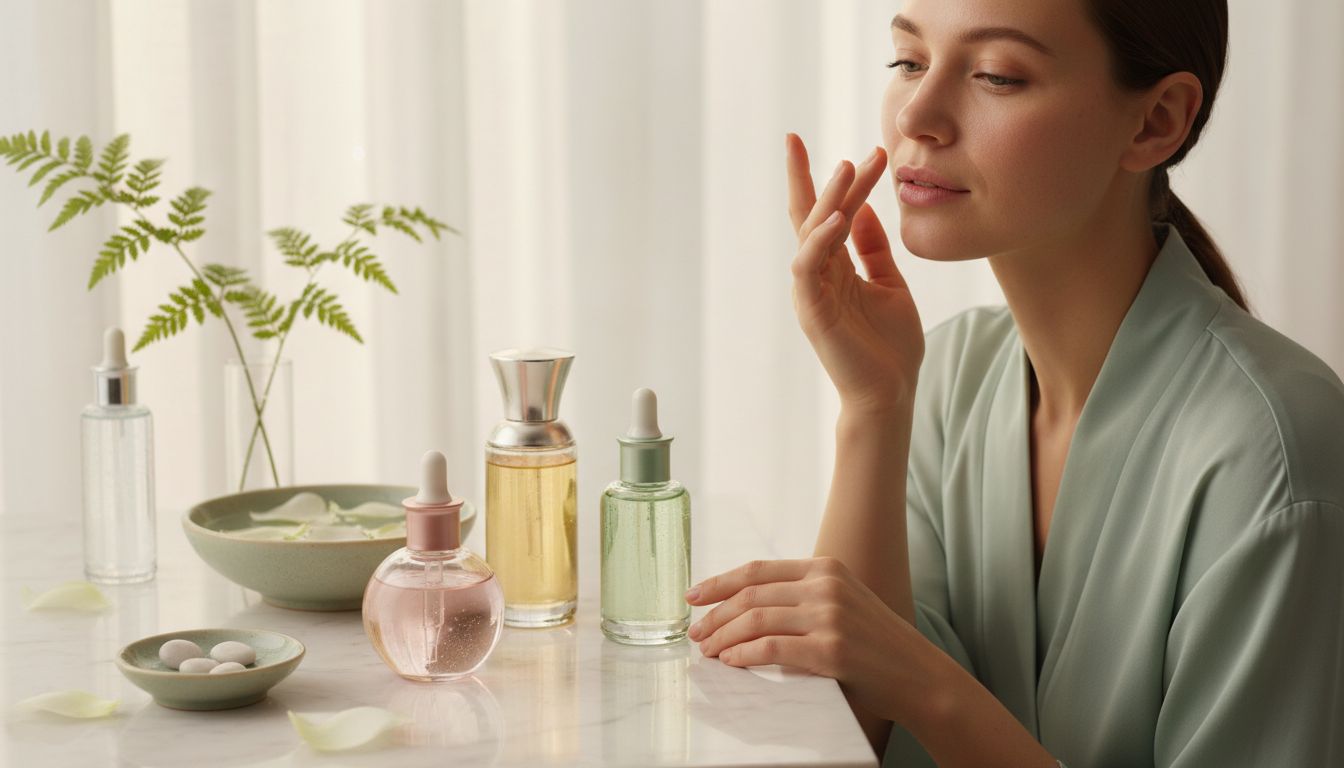 Woman applying Korean serum on marble vanity