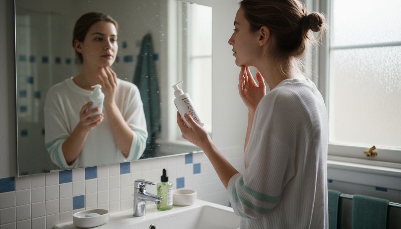 Woman examining skin using K-Beauty cleanser