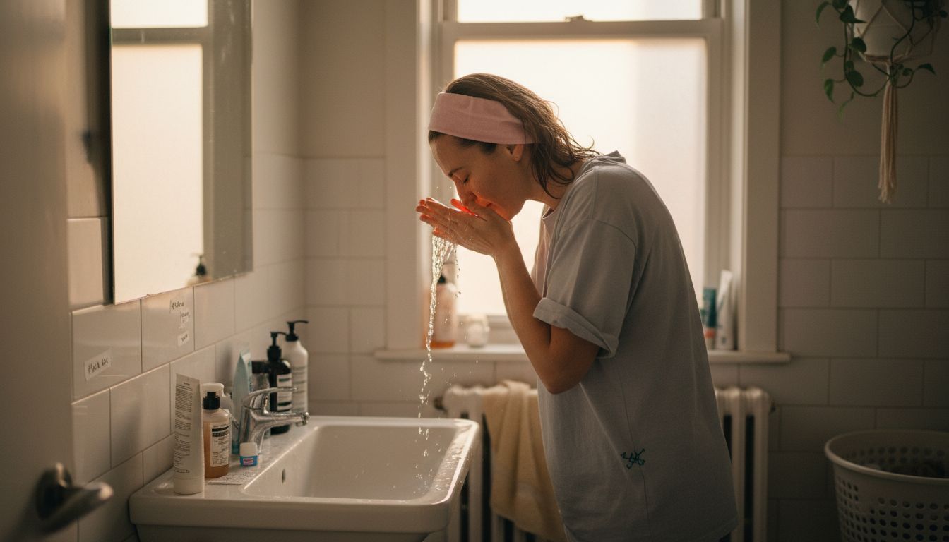 Woman washing face with morning light