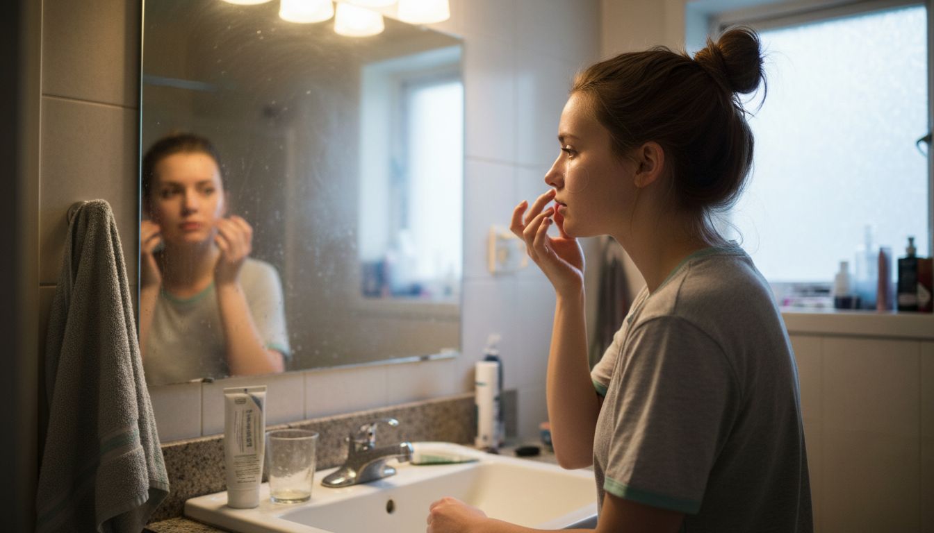 Woman applying acne patch in bathroom
