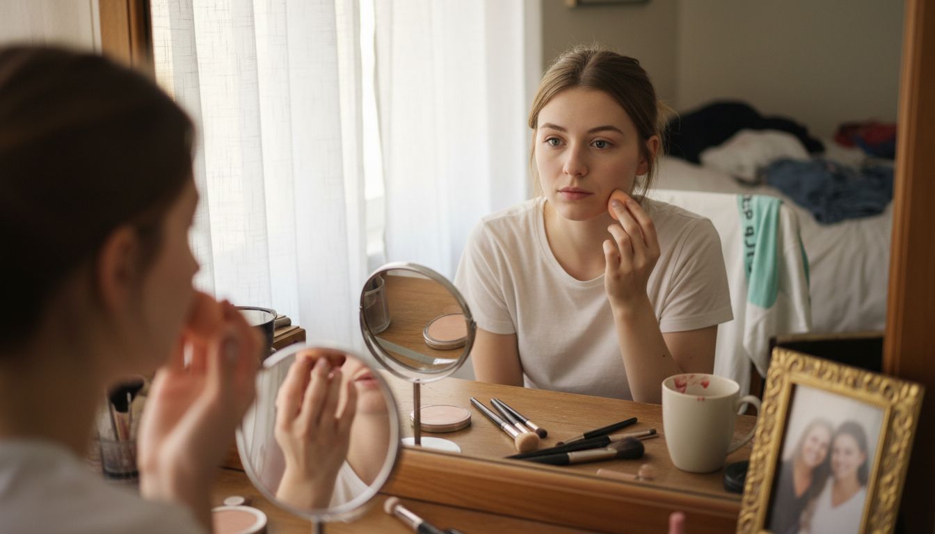 Beginner applying natural makeup at vanity
