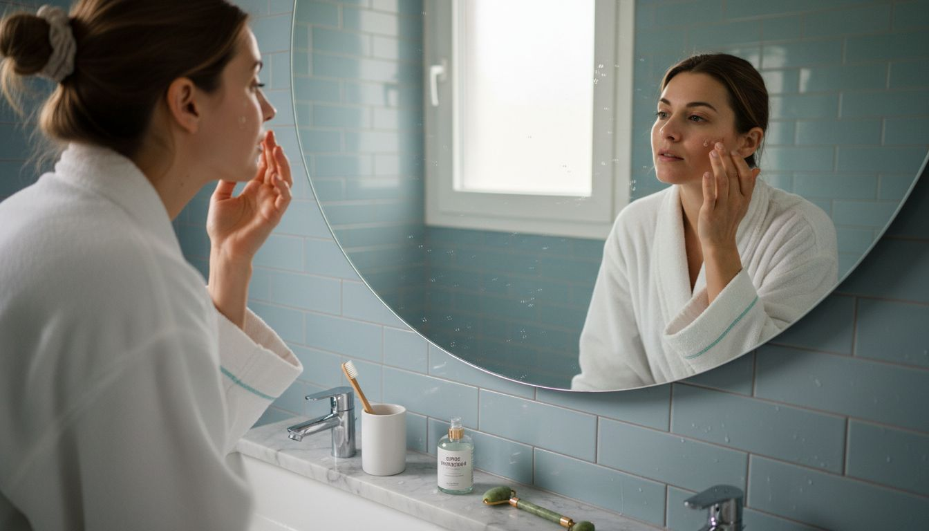 Μια γυναίκα απλώνει ενυδατικό serum στο πρόσωπό της για βαθιά ενυδάτωση.