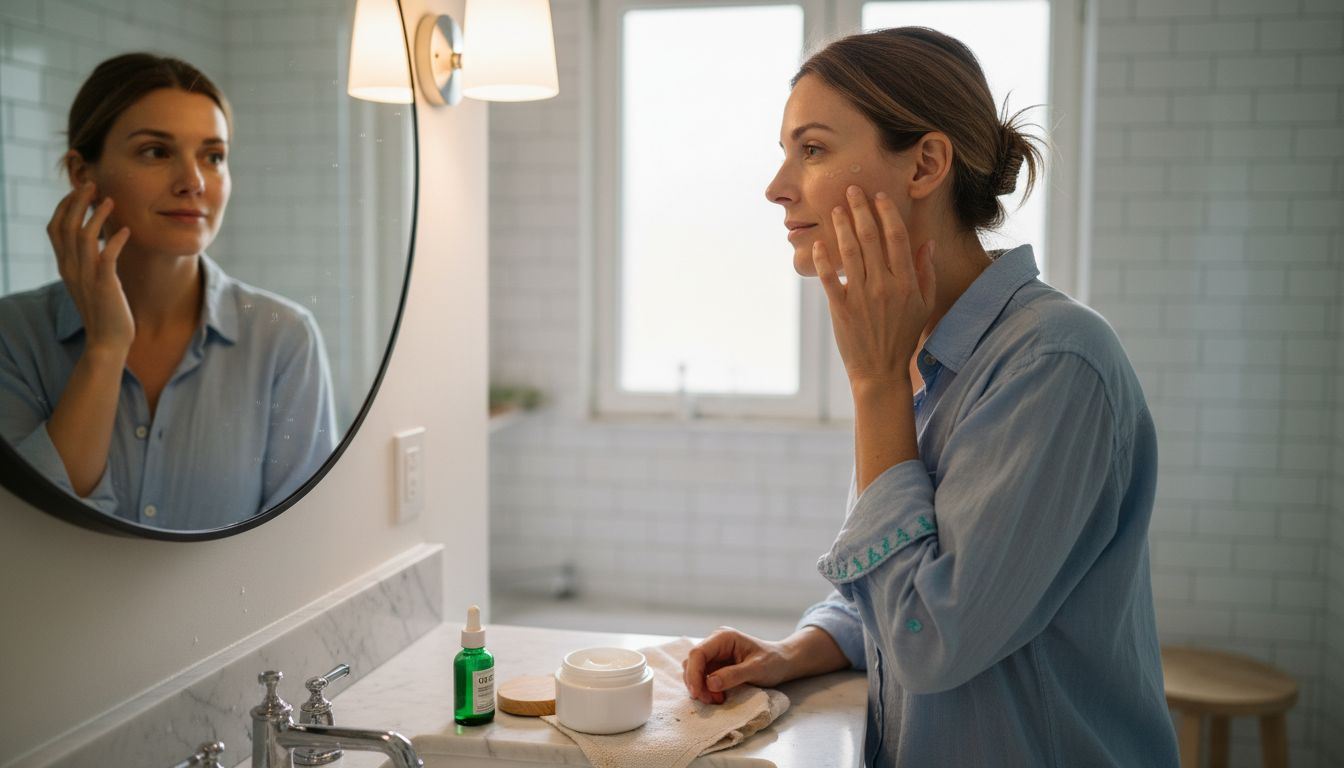 Fermented Skincare: Τα Οφέλη στη Ρουτίνα Ομορφιάς 1 Μια γυναίκα περιποιείται το πρόσωπό της μπροστά στον καθρέφτη του μπάνιου, εφαρμόζοντας το αγαπημένο της serum.