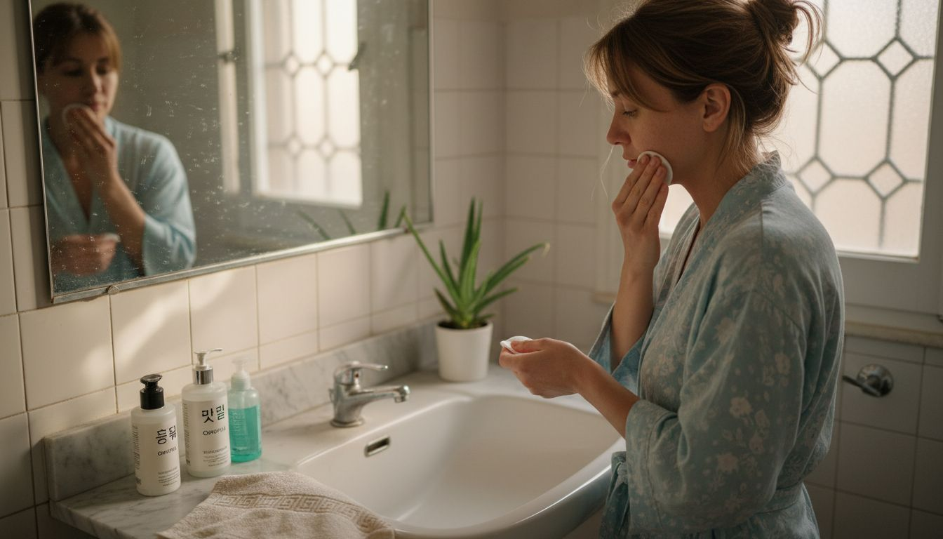 Μια γυναίκα εφαρμόζει την K-Beauty ρουτίνα περιποίησης στο μπάνιο του σπιτιού της, απολαμβάνοντας τη διαδικασία και φροντίζοντας το δέρμα της με τα αγαπημένα της προϊόντα.