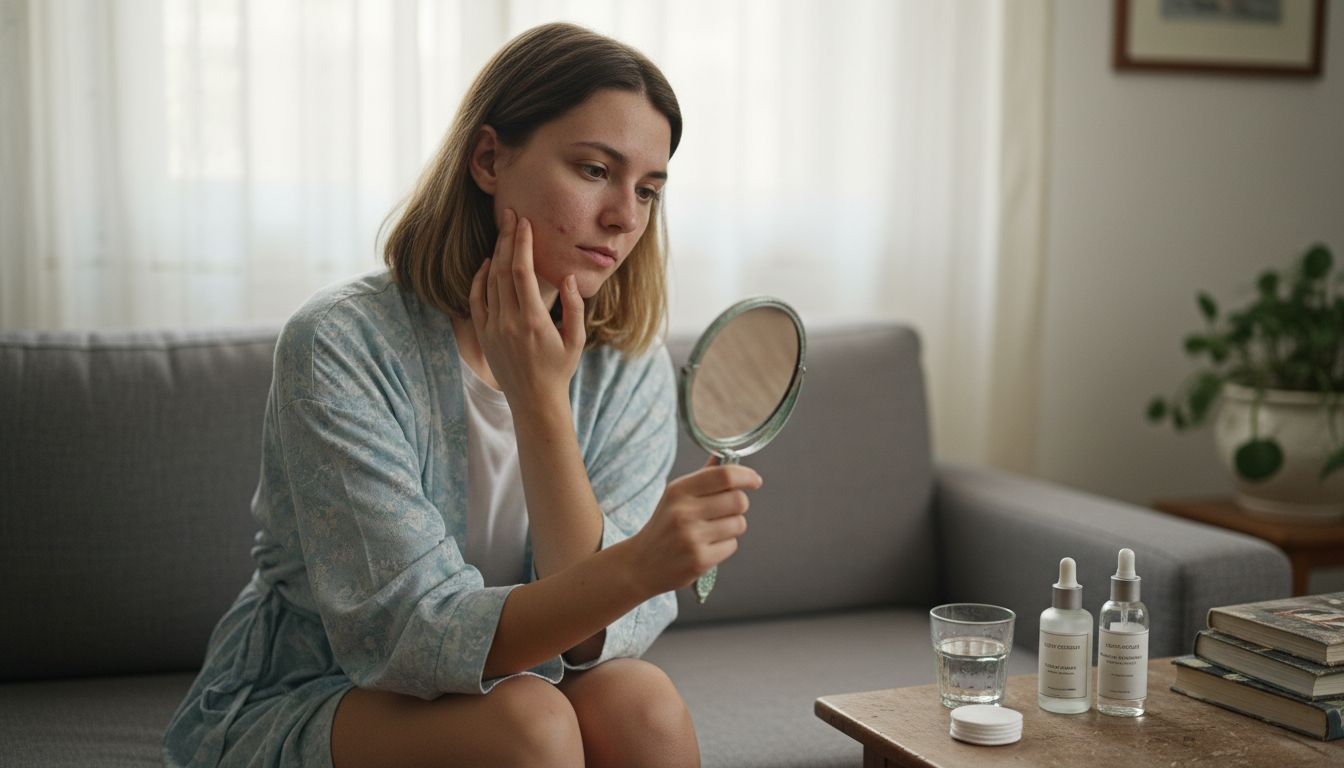 Τι Είναι Acne Scars – Επιπτώσεις Και Κύριες Λύσεις 1 Μια γυναίκα κοιτάζει προσεκτικά το πρόσωπό της στον καθρέφτη, παρατηρώντας τα σημάδια από παλιότερα σπυράκια.