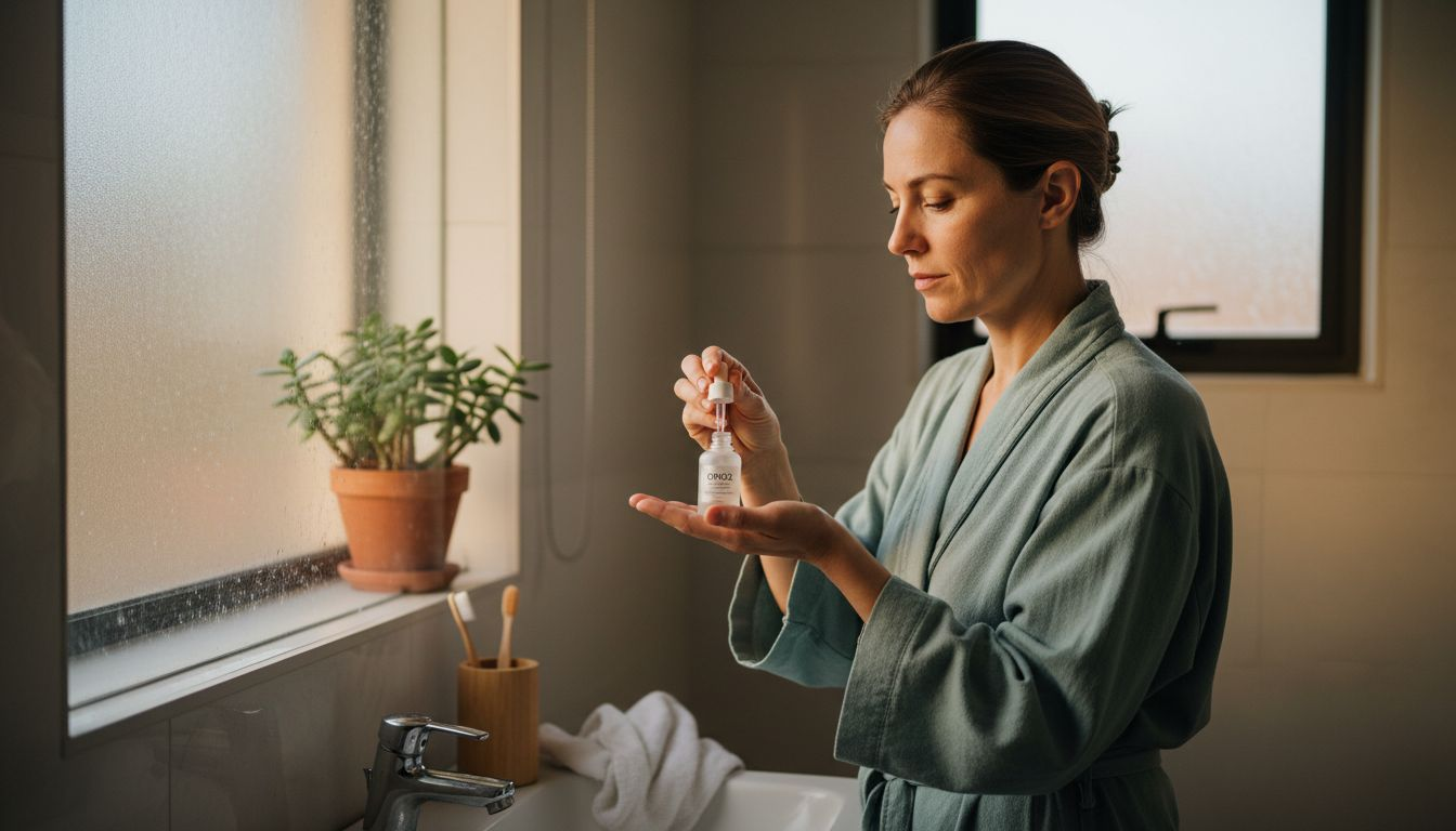 Πώς να επιλέξετε serum για τις ανάγκες της επιδερμίδας σας 1 Μια γυναίκα ξεκινά τη μέρα της στο μπάνιο, απλώνοντας το serum στο πρόσωπό της για φροντίδα και λάμψη.