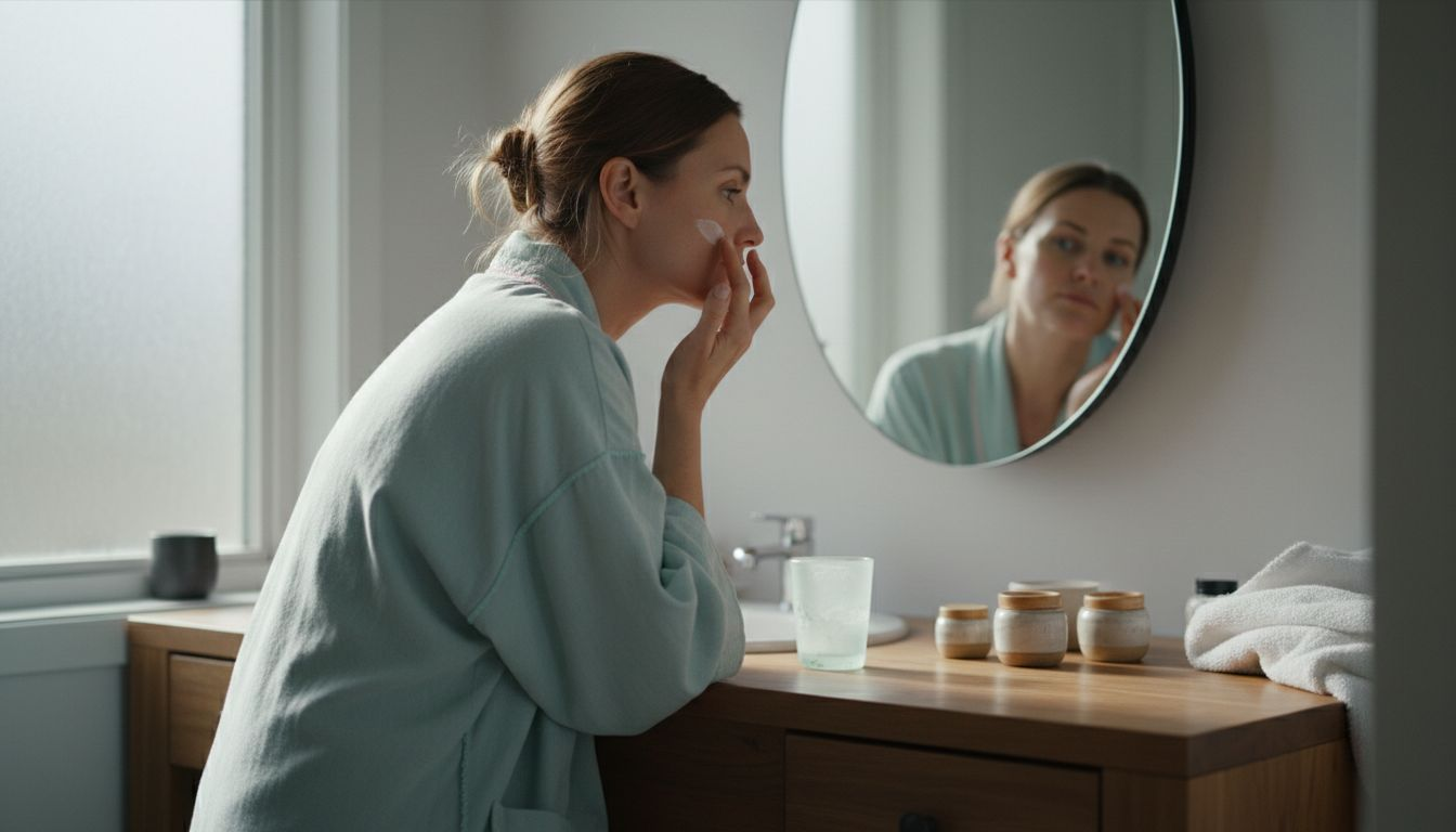 Γιατί Peptide Creams Αλλάζουν Τη Φροντίδα Δέρματος 1 Μια γυναίκα φροντίζει το πρόσωπό της απλώνοντας κρέμα μπροστά στον καθρέφτη της.