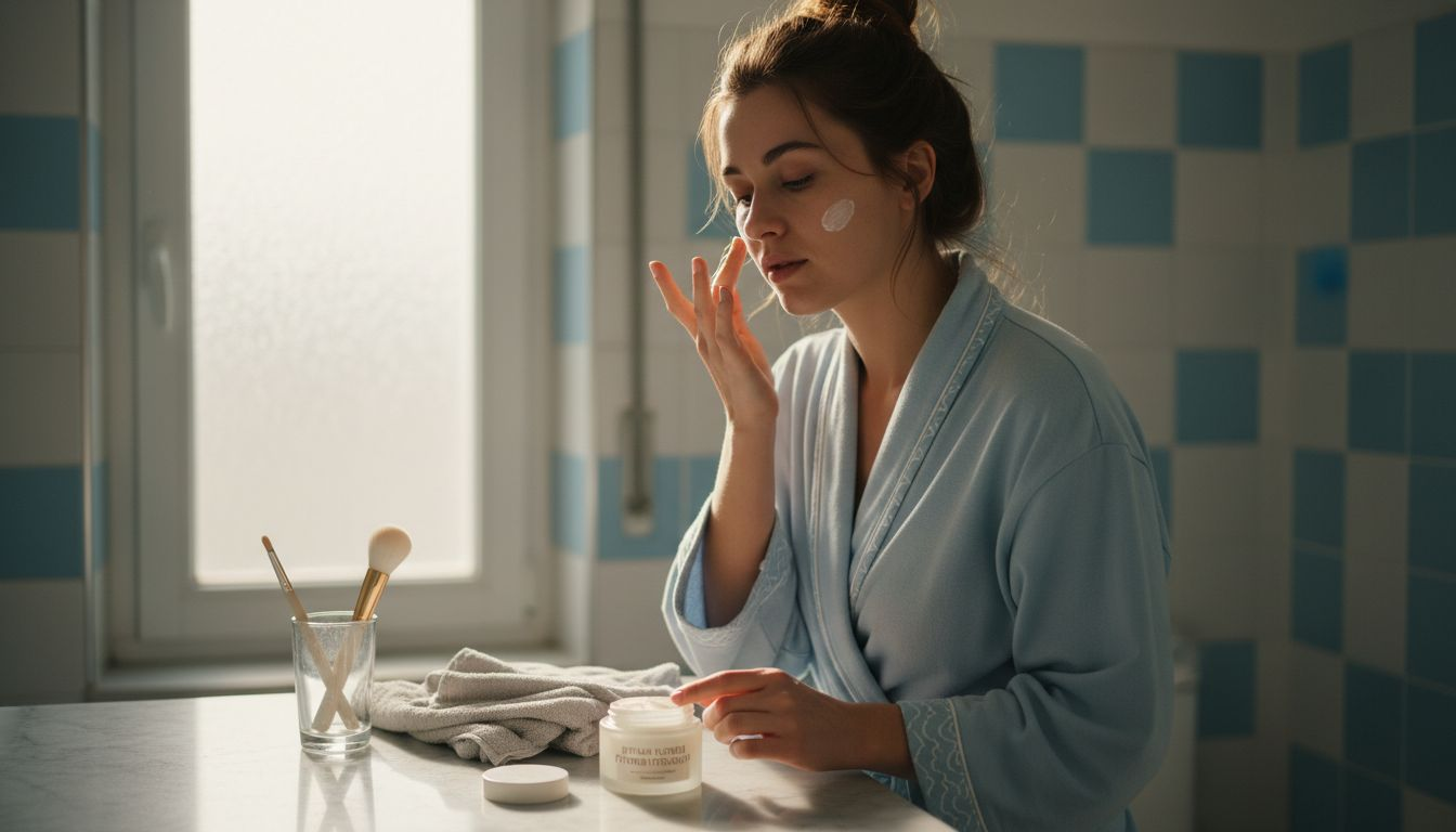 Τι είναι Tone-Up Cream – Λάμψη και ενυδάτωση άμεσα 1 Μια γυναίκα απλώνει απαλά την κρέμα της στο πρόσωπο, απολαμβάνοντας το φυσικό φως που μπαίνει στο μπάνιο.