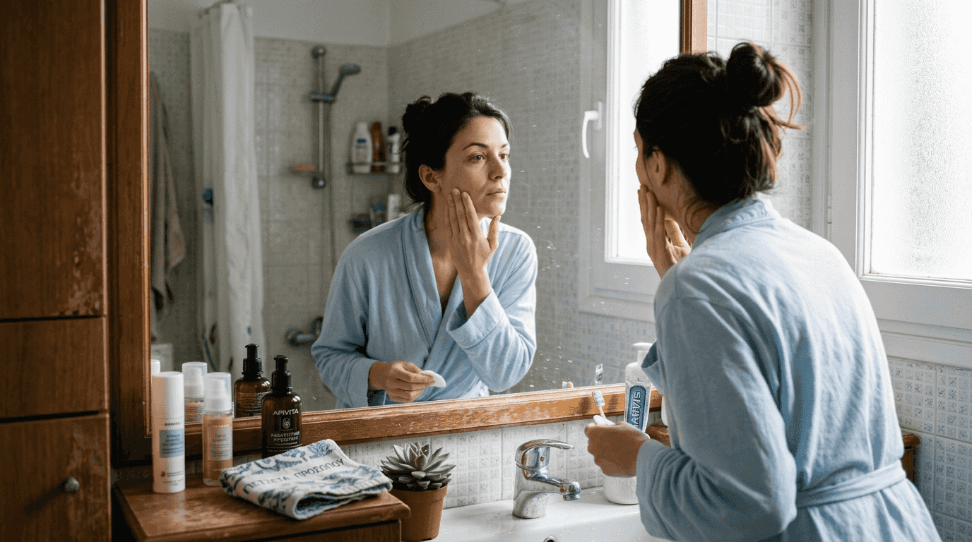 Τι είναι το skin pigmentation και πώς επηρεάζει το δέρμα 1 Μια γυναίκα παρατηρεί προσεκτικά το δέρμα της μπροστά στον καθρέφτη, μέσα σε ένα φωτεινό μπάνιο.