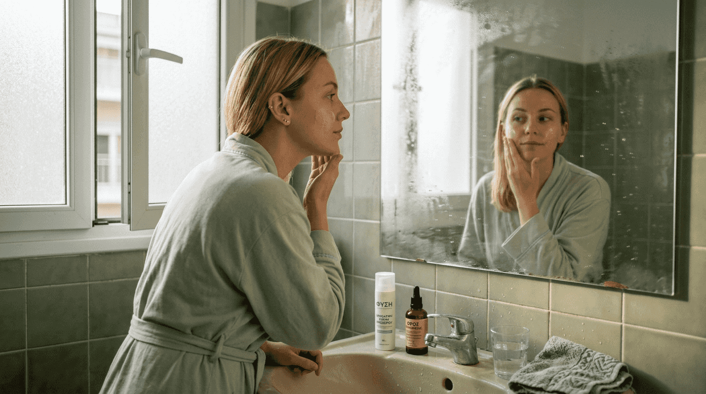 Τι σημαίνει oil-free: Οδηγός για καθαρή επιδερμίδα 19 Μια γυναίκα απλώνει ενυδατική κρέμα χωρίς λιπαρότητα στο πρόσωπό της, μπροστά στον καθρέφτη του μπάνιου.