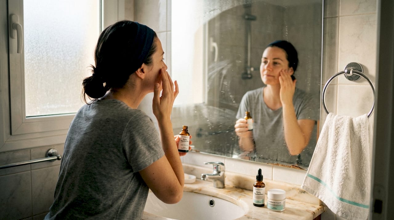 Acne prone δέρμα: Τι σημαίνει και πώς να το φροντίσετε 1 Μια γυναίκα περιποιείται το δέρμα της στο μπάνιο, καθώς ο ήλιος λούζει τον χώρο με το φως του.