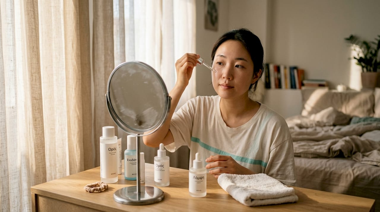 Παραδείγματα ορού προσώπου: 7 K-beauty επιλογές 6 Μια γυναίκα απλώνει τον αγαπημένο της κορεάτικο ορό προσώπου στο υπνοδωμάτιό της, απολαμβάνοντας τη βραδινή της ρουτίνα ομορφιάς.