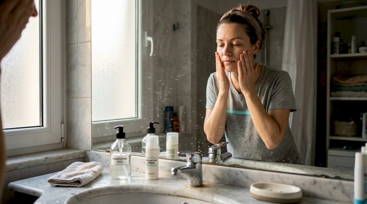 Gel cleanser: Γιατί αλλάζει τη ρουτίνα σου; 1 Μια γυναίκα καθαρίζει το πρόσωπό της με αφρίζον τζελ καθαρισμού, απολαμβάνοντας μια αίσθηση φρεσκάδας και αναζωογόνησης.